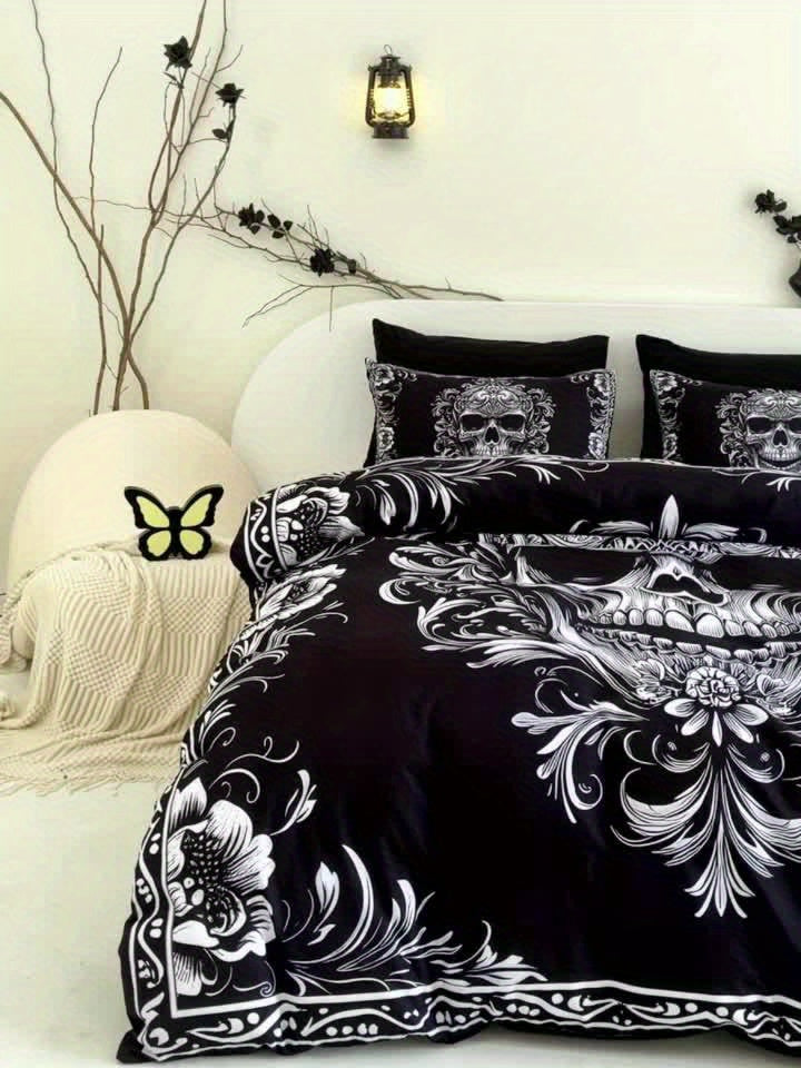 Skull Duvet Cover Set Queen King Twin Full – Gothic Victorian Baroque Black White Halloween Bedding 3-Piece Set with 2 Pillowcases, High Definition Print, Soft Microfiber
