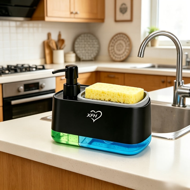 Soap Dispenser with Built-In Sponge Holder, Leak-Proof Battery-Free Pump, Space-Saving Countertop Organizer for Kitchen & Bathroom, Hygienic Hands-Free Design, Durable Rectangular Dispenser