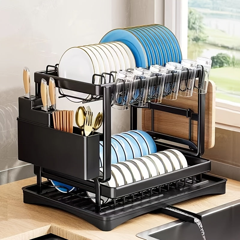 2-Tier Dish Drying Rack Double Layer Rust Proof with Drain Tray Utensil Holder Kitchen Countertop Organizer for Plates Bowls Cups Cutlery Space Saving Kitchen Storage Black White