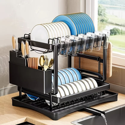 2-Tier Dish Drying Rack Double Layer Rust Proof with Drain Tray Utensil Holder Kitchen Countertop Organizer for Plates Bowls Cups Cutlery Space Saving Kitchen Storage Black White