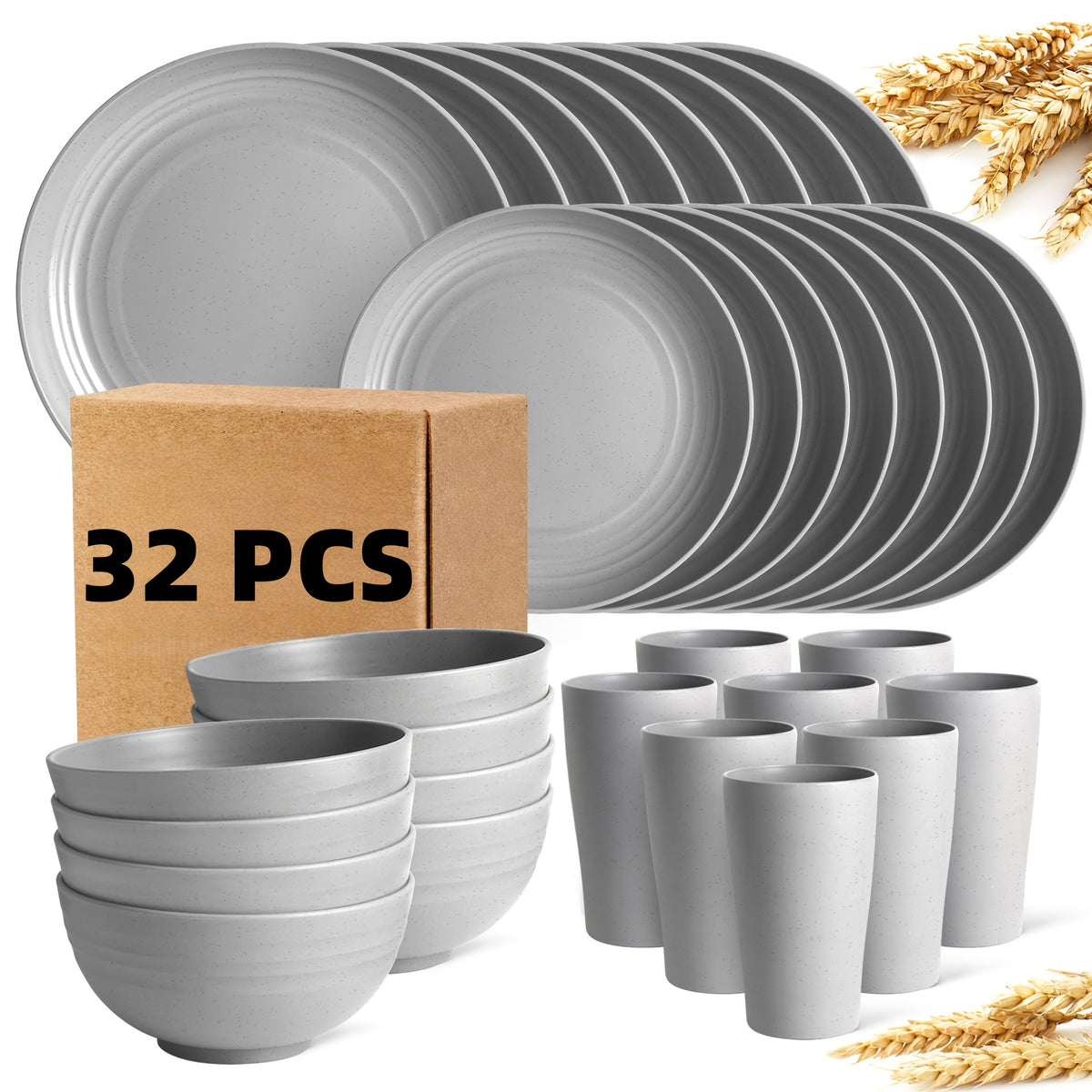 Wheat Straw Dish Set for 4 or 8 – 16 or 32 Piece Unbreakable Dinnerware Set with Dinner Plate, Dessert Plate, Cereal Bowl & Cup, Dishwasher Safe Lightweight Tableware for Camping, Everyday Use & Gifts