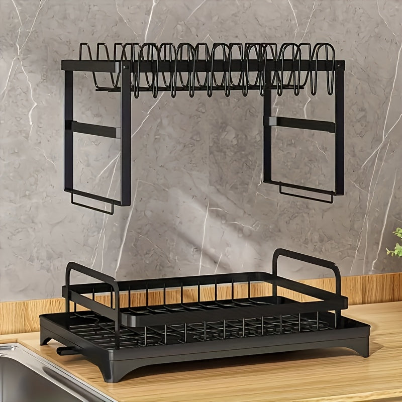 2-Tier Dish Drying Rack Double Layer Rust Proof with Drain Tray Utensil Holder Kitchen Countertop Organizer for Plates Bowls Cups Cutlery Space Saving Kitchen Storage Black White