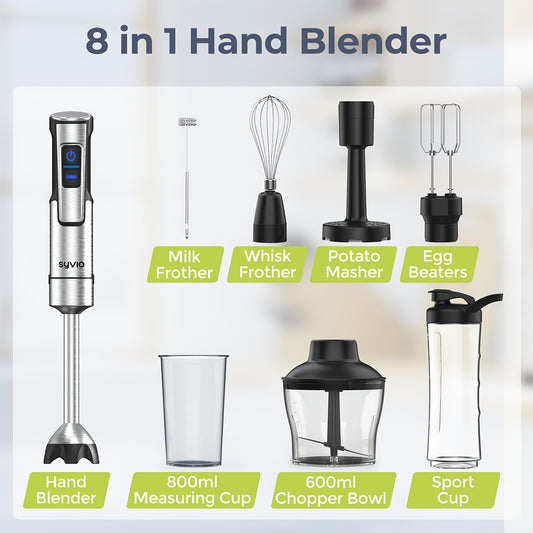 1000W Immersion Blender 8-In-1, Heavy Duty Handheld Blender with Stainless Steel Shaft, 15-Speed Modes, Meat Chopper - 8 Piece Kitchen Set