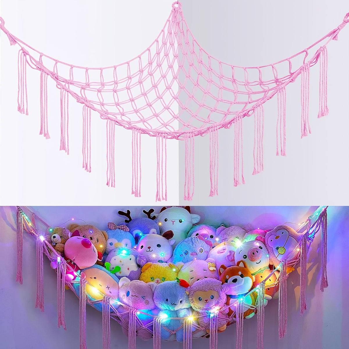 Stuffed Animal Hammock with LED Lights Corner Toy Net Organizer for Kids Bedroom Nursery Plush Toy Storage Hanging Mesh Bag