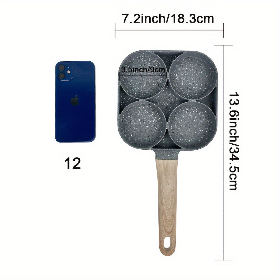 Non-Stick Breakfast Skillet Set – 4-Hole Egg Pan & 5-Piece Cookware Set with Heat-Resistant Wooden Handle for Eggs, Burgers & Omelettes, Easy Clean, Perfect for Home Kitchen Cooking