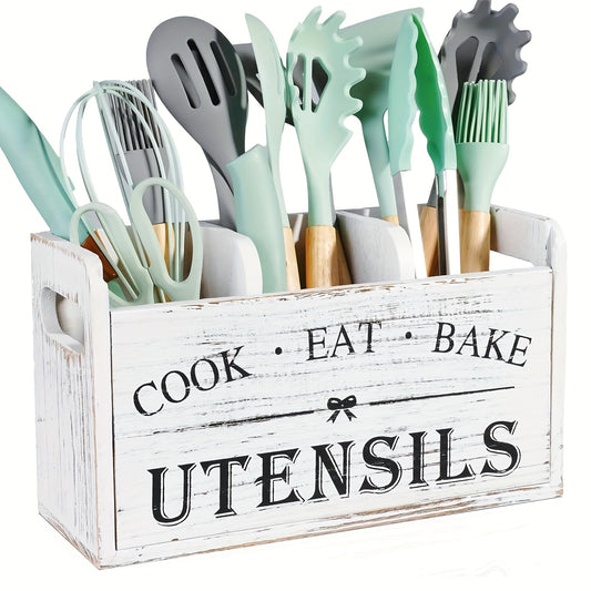 Rustic Wooden Kitchen Utensil Organizer with 3 Compartments – Countertop or Wall Mount Utensil Holder with Handle for Cooking, Dining & Baking Tools, White & Black Kitchen Storage