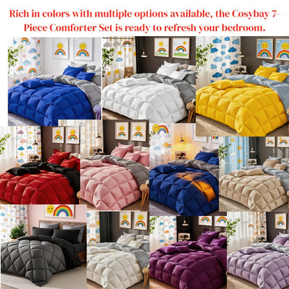 Comforter Sets Queen King Full 7 Piece Bed in a Bag – Soft Satin-Like Fabric, Breathable Quilt Set with Fitted Sheet, Flat Sheet & 4 Pillowcases, Multiple Colors for Bedroom Hotel School