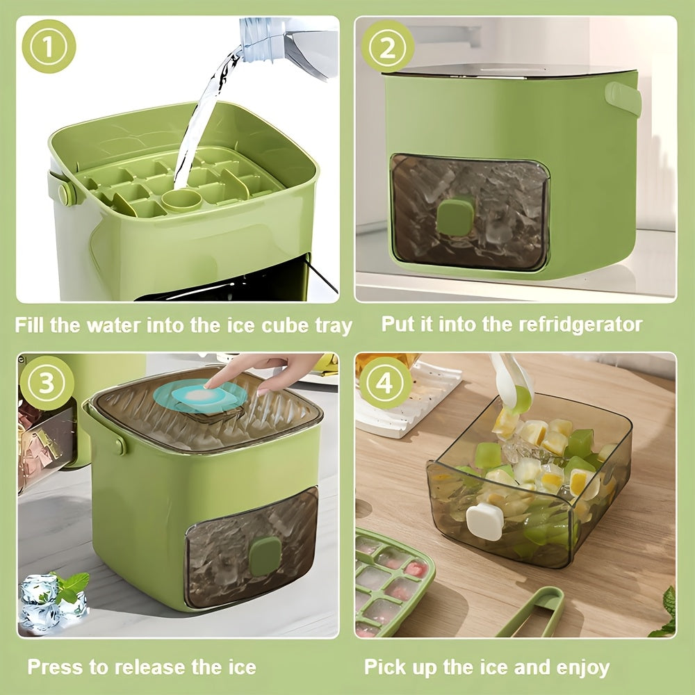 48-Compartment Ice Cube Tray with Lid – Double Layer Food Grade Plastic Mold for Beverages, Tea & Coffee, Easy-Release Stackable Ice Box, Portable Kitchen Gadget in Beige & Green