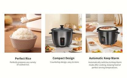 Rice Cooker 6-Cup Non-Stick Multicooker with Auto Keep Warm, One-Touch Operation Electric Grain Cooker with Removable Pot, Steamer Yogurt Maker Oatmeal Cooker, Stainless Steel Inner Liner, 1.5Qt Compact, Black
