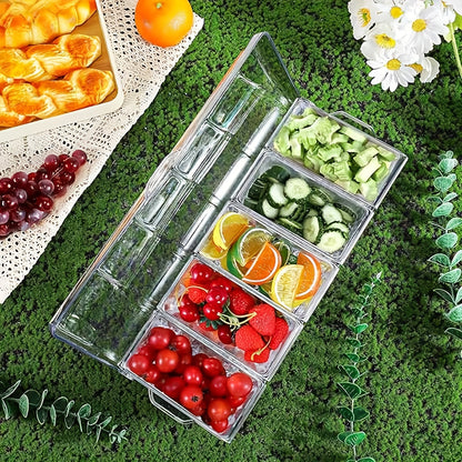 Portable Fruit Serving Tray with Lid & 5 Compartments - Chilled Salad Bowl with 5 Forks & 2 Tongs, Detachable Party Platter for Entertainment, Bar Decor & Buffet Serving