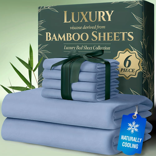 Bamboo Cooling Bed Sheets 6 Piece Set - 17 Inch Deep Pocket Fitted Sheet for Hot Sleepers, Cloud-Soft Luxury Flat Sheet & Pillowcases, Twin Full Queen King, Breathable Hypoallergenic Bedroom Bedding