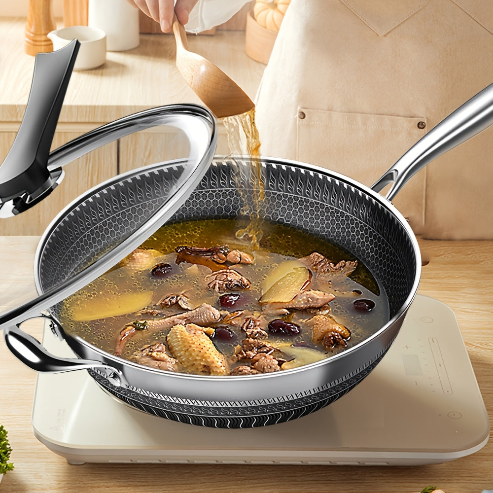 Non-Stick Wok with Lid 13.3 Inch Stainless Steel Honeycomb Coating, Stir Fry Pan with 2 Cookware Accessories, Works on Gas Induction Electric Ceramic Stovetop, Home Kitchen Cooking Pan