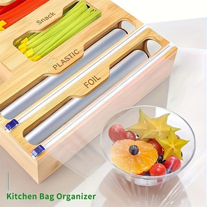 Bamboo Kitchen Drawer Organizer – Zip Bag, Foil & Plastic Wrap Dispenser with Built-In Cutter, Fits Gallon Quart Sandwich Snack Bags, Eco-Friendly Storage