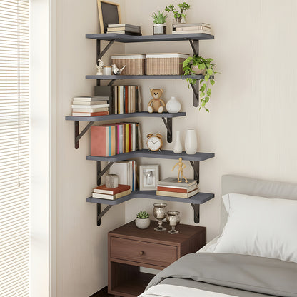 Corner Floating Shelves Rustic Wood 5 or 6 Piece Wall Mounted Heavy Duty Space Saving Storage Shelf for Bathroom Kitchen Bedroom Living Room, Easy Install 8 Colors