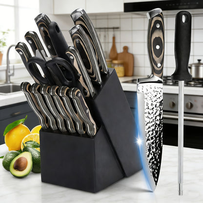 Knife Block Set with Self Sharpener 15pcs Hammered Stainless Steel Chef Knife Set with Wooden Block Steak Knives Self Sharpening Kitchen Knives Gift for Men Family