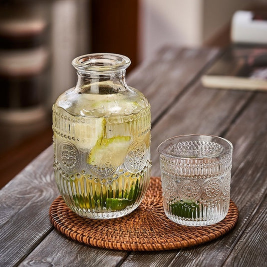 Glass Carafe Bedside Water Set with Cup - Modern Transparent Quartz Glass Kettle & Mouthwash Decanter for Bedroom Nightstand, Night Drink Pitcher, Valentine's Day Home Gift, Ice Pattern & Sunflower