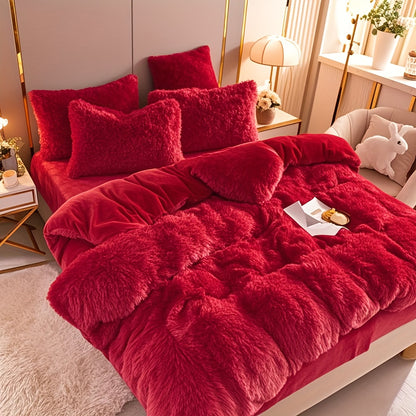 Fluffy Duvet Cover Set 4 Piece Queen King, Soft Plush Comforter Cover with 2 Pillow Shams All Season Cozy Bedding Set No Insert, in Purple Red Pink Gray Yellow Blue Beige Black