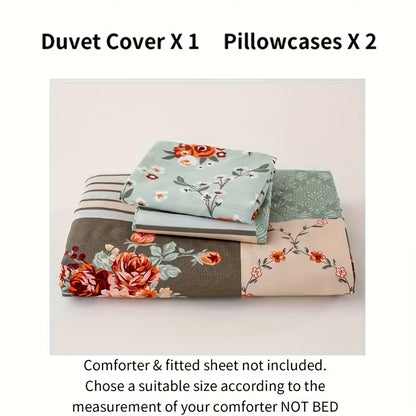 Floral Print Duvet Cover Set 3-Piece Kids Bedding with Zipper Closure, Patchwork Pastoral Style Comforter Cover + 2 Pillowcases, All-Season Lightweight, Twin Full Queen King – No Insert