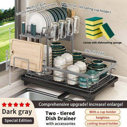 2-Tier Dish Drying Rack Metal with Cutlery Holder, Cup Holder & Rust-Proof Drip Tray – Space Saving Countertop Dish Rack for Kitchen Organization, Black & Dark Gray
