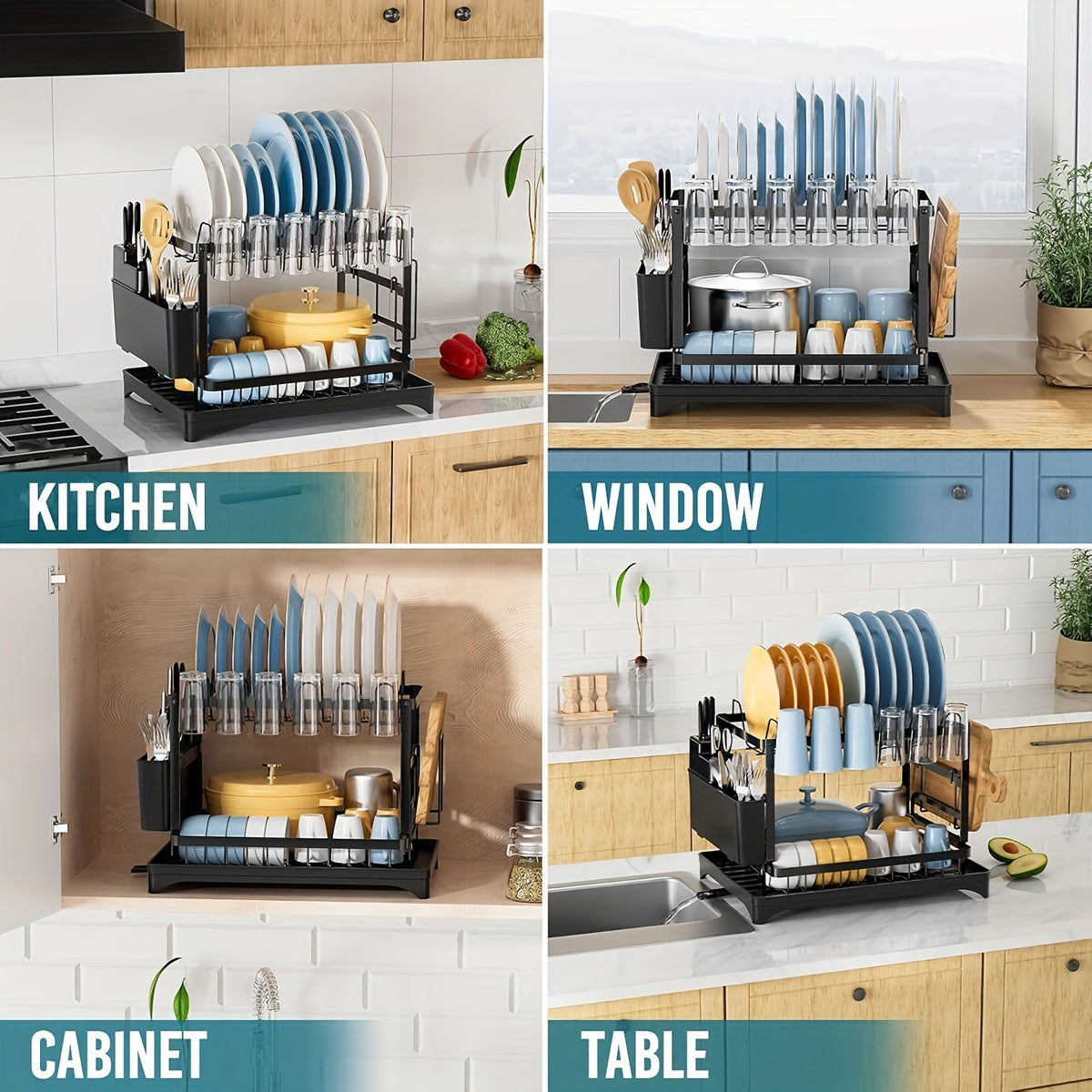 2 Tier Dish Drying Rack with Drainboard – Metal Kitchen Counter Dish Drainer Rack with Drain Tray, Large Capacity Drying Rack for Dishes Cups Utensils, Black White Gray