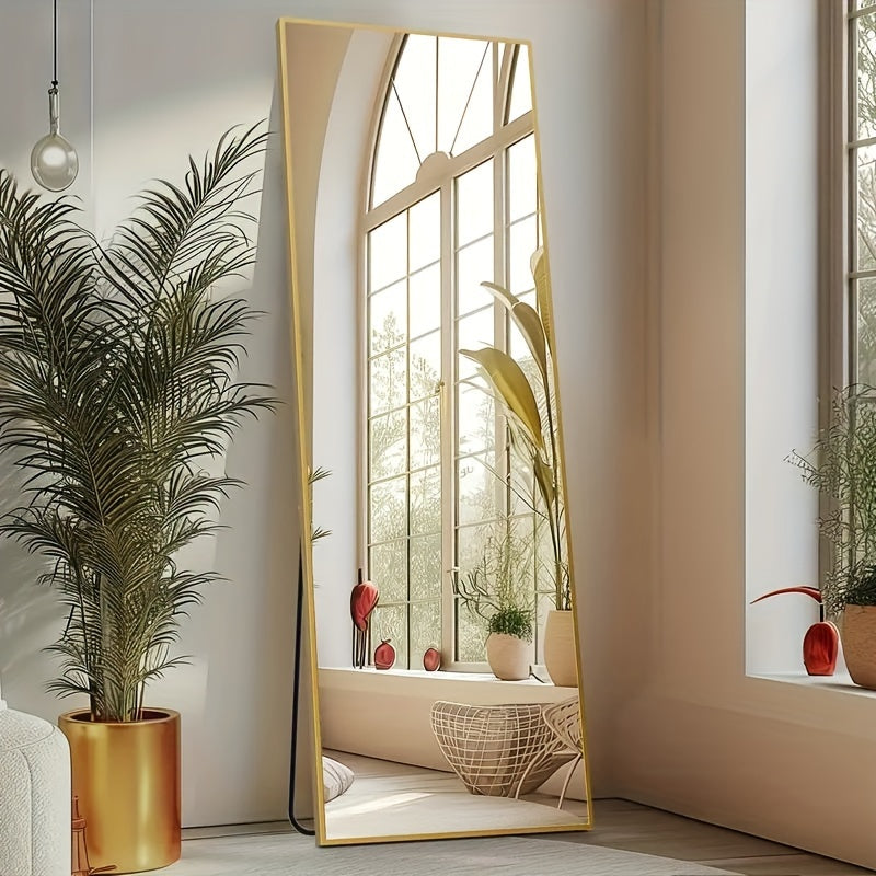 Arched Full Length Mirror 59x16 Inch, Freestanding Floor Mirror with Thin Frame Vertical or Tilted, Large Wall Leaning Mirror for Bedroom Living Room Nursery, Black Gold Aesthetic Home Decor