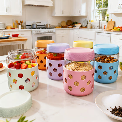 Airtight Glass Food Storage Jars with Silicone Sleeves 6 Pack – 16oz Moisture-Proof Pantry Canisters for Tea Grains Nuts Snacks & Yogurt, Leak-Proof Kitchen Organization Containers with Lids