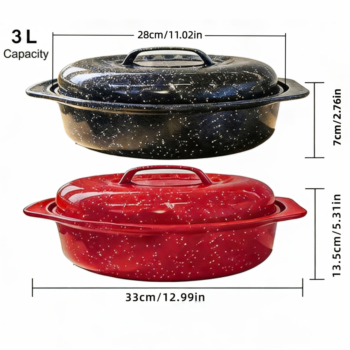 Granite Enamel Roasting Pan with Lid, Nonstick Carbon Steel Turkey Roaster for Oven, Large Bakeware for Chicken Roasting Soup Stew, Available in 13 and 16 Inch in Red Black and Blue