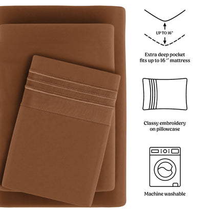 Soft Microfiber Bed Sheet Set 4-Piece 1800 Series 16 Inch Deep Pocket Hotel Luxury Cooling Sheets with Embroidered Pillowcases, Fade & Shrink Resistant, Twin to Cal King, 20 Colors