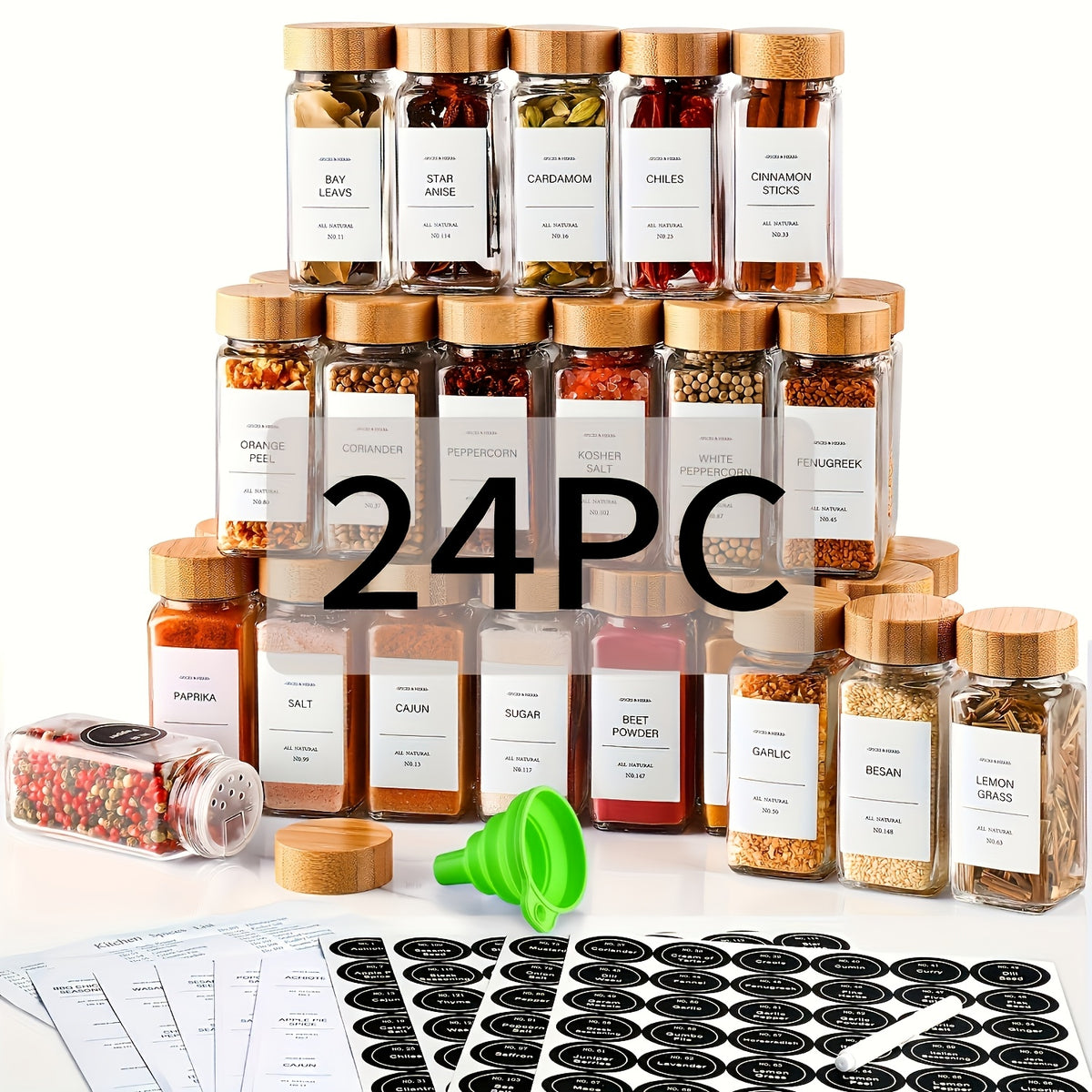 Glass Spice Jars with Bamboo Lids and Labels, 4oz Airtight Seasoning Storage Bottles with Collapsible Funnels for Spice Rack Pantry Cupboard, Set of 15 24 or 36 Pieces