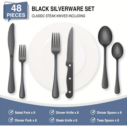 Silverware Set 48 Piece with Steak Knives Service for 8 – Stainless Steel Flatware Cutlery Set, Mirror Finish, Dishwasher Safe | Silver & Black Utensils for Home Kitchen Dining
