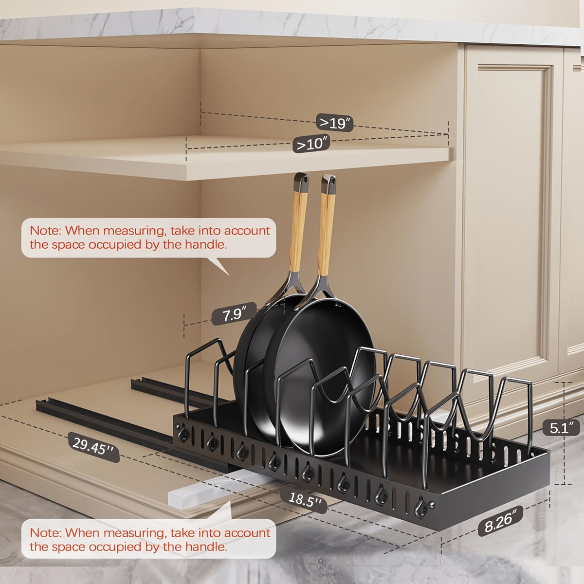 Sliding Pot and Pan Organizer Rack with Pull-Out Drawer – Under Cabinet Kitchen Storage for Pot Lids, Baking Trays & Utensils, 8 Adjustable Dividers, Black White Gray