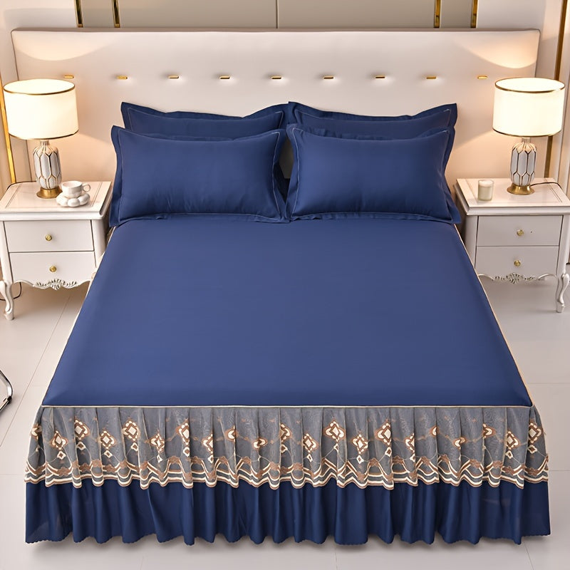 Macrame Bed Skirt Set 3 Piece with Pillowcases – Double Layer Lace Non-Slip Bedding for Twin Full Queen King, All Seasons, Red Grey Navy Purple