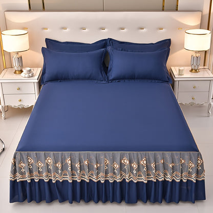 Macrame Bed Skirt Set 3 Piece with Pillowcases – Double Layer Lace Non-Slip Bedding for Twin Full Queen King, All Seasons, Red Grey Navy Purple