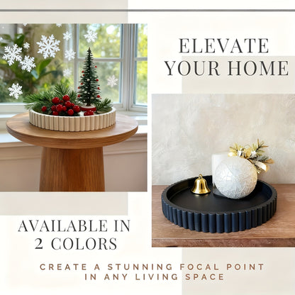 Decorative Wood Tray for Coffee Table & Living Room – 11" Round Fluted Serving Tray, Ottoman Centerpiece, Jewelry Organizer, Home Decor Gift