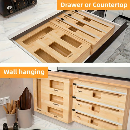 Bamboo Kitchen Drawer Organizer 7-in-1 & 9-in-1 – Plastic Wrap, Foil & Storage Bag Holder with Cutter, Compatible with Gallon, Quart, Sandwich & Snack Size Bags, Kitchen Drawer Storage