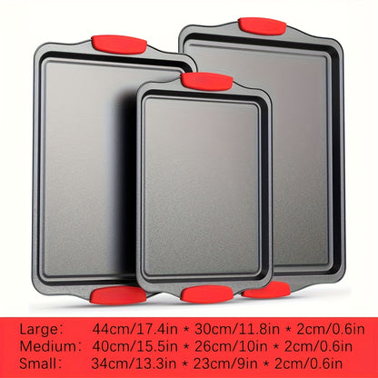 Nonstick Baking Pan Set – 3 or 4 Piece Commercial Grade Steel Oven Pans with Red Silicone Handles, Large Medium & Small Sizes, Easy Clean, Restaurant Quality
