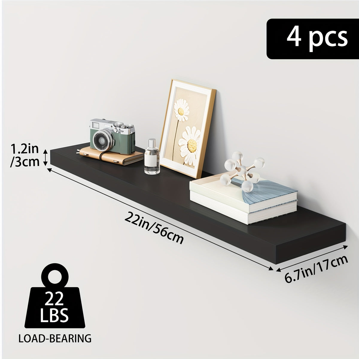 Invisible Bracket Floating Shelves 4 Pack 22 Inch Wall Mounted Wood Shelf for Bathroom Bedroom Living Room Kitchen Decor, Sturdy Wall Shelves Set with Hidden Brackets Walnut Light Brown White Black
