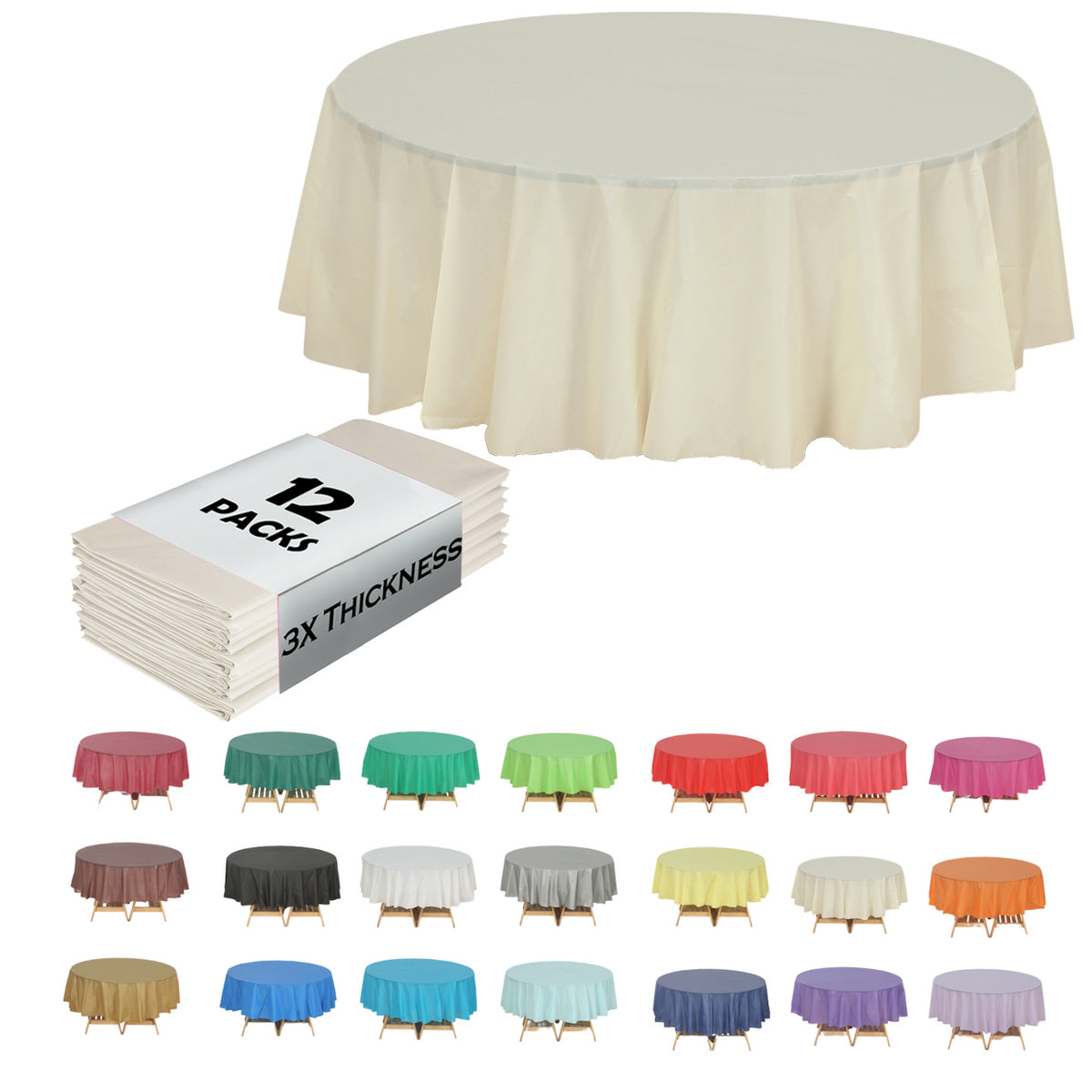 Disposable Plastic Tablecloth 12-Pack – Heavy Duty Table Cover for Parties, 84" Round & 54"x108" Rectangle, 22 Colors for Kitchen Dining Outdoor Events
