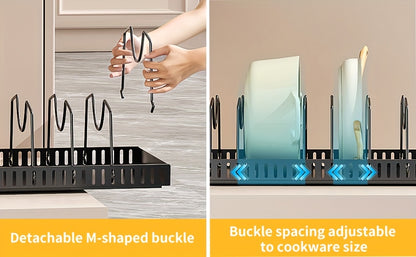 Pull-Out Cabinet Organizer with Adjustable Dividers – Sliding Pot Lid Holder & Pan Rack for Kitchen Cabinets, Drill-Free Install, Space-Saving Under Cabinet Storage for Lids, Pans & Bakeware
