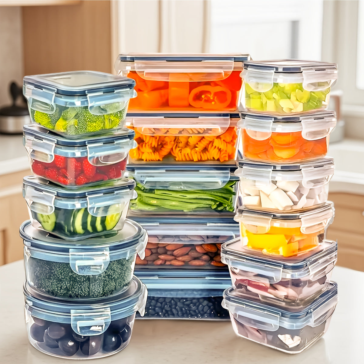 Airtight Food Storage Containers 48pcs Set – 24 Round Containers with Buckle Lids, Stackable Meal Prep Lunch Boxes with Marker & Labels, Large Capacity Plastic Food Containers for Kitchen Pantry Picnic Party