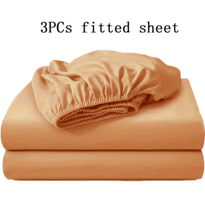 Soft Fitted Bed Sheet Set 3-Piece with 2 Pillowcases – Solid Color Layered Fitted Sheet for Bedroom Guest Room Hotel Mattress Protection