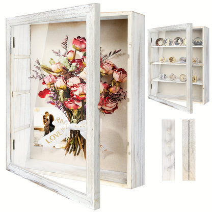 Shadow Box Display Case 11x14 with 4 Removable Shelves & Linen Back - Large Memory Box for Medals, Coins, Rings, Flowers, Photos, Pin Collections, Wall Hanging Frame, Black White Brown