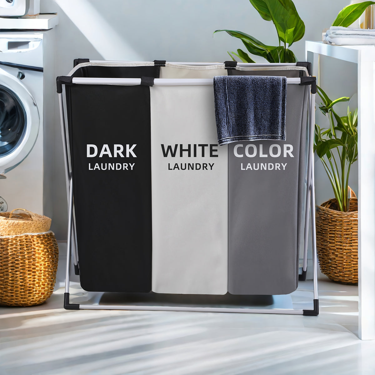 Large Laundry Hamper Basket with Handles 3-Pack, Rectangular Fabric Clothes Hamper for Bedroom, Bathroom, College Dorm & Home, Stylish Laundry Basket Organizer in Dark Grey, White & Black