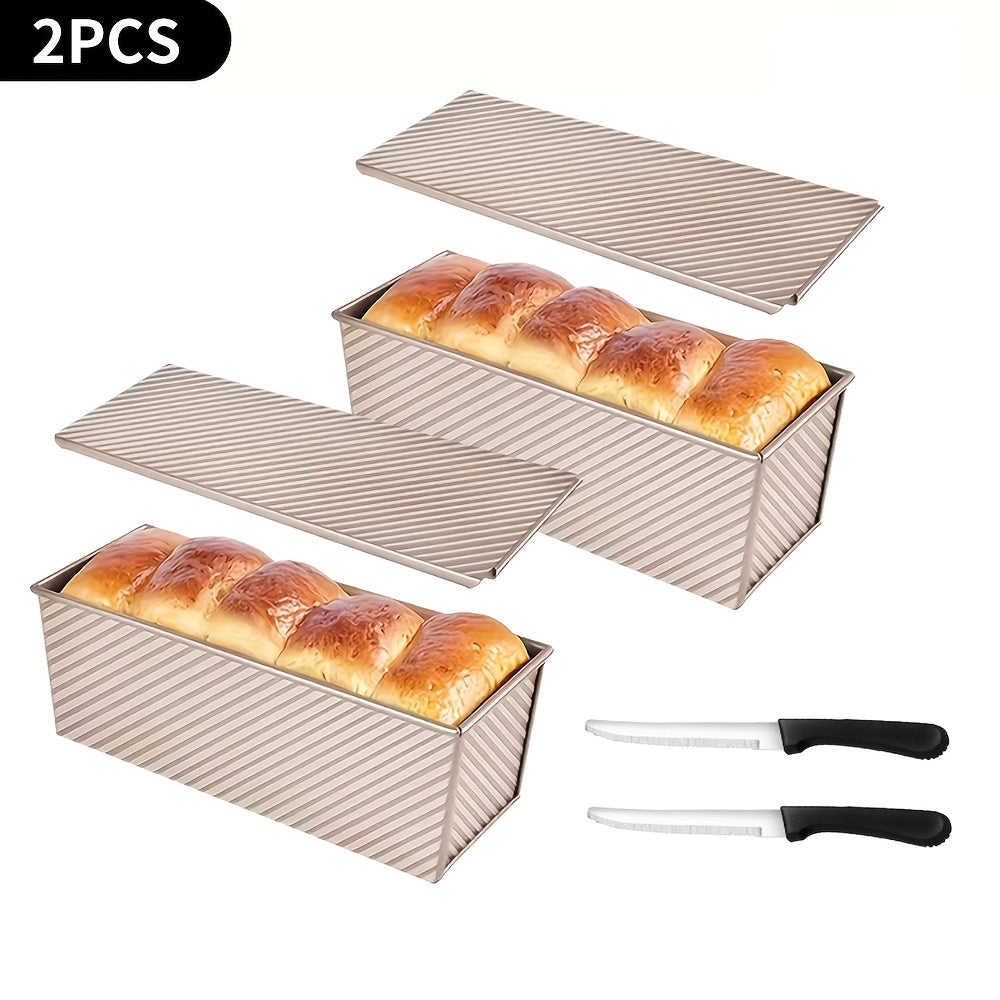 Pullman Loaf Pan with Lid Extra Large 12.3x4.7x4.3 Inch – Sandwich Bread Pan with Vent Holes & Bread Knife, Non-Stick Baking Pan for Square Loaf, 1 or 2 Pack, Gold & Black