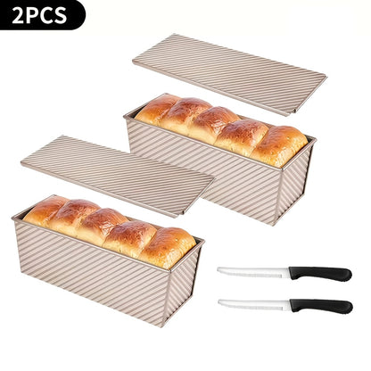 Pullman Loaf Pan with Lid Extra Large 12.3x4.7x4.3 Inch – Sandwich Bread Pan with Vent Holes & Bread Knife, Non-Stick Baking Pan for Square Loaf, 1 or 2 Pack, Gold & Black