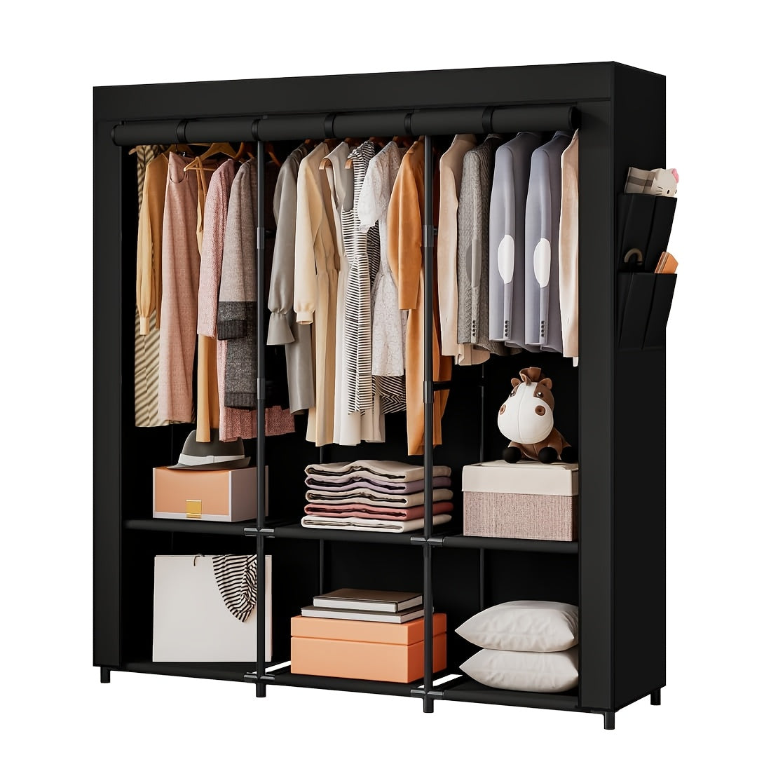Portable Wardrobe Closet Organizer 51 Inch – Metal Hanging Rack with Non-Woven Fabric Cover, Freestanding Clothes Storage for Bedroom Apartment Dorm