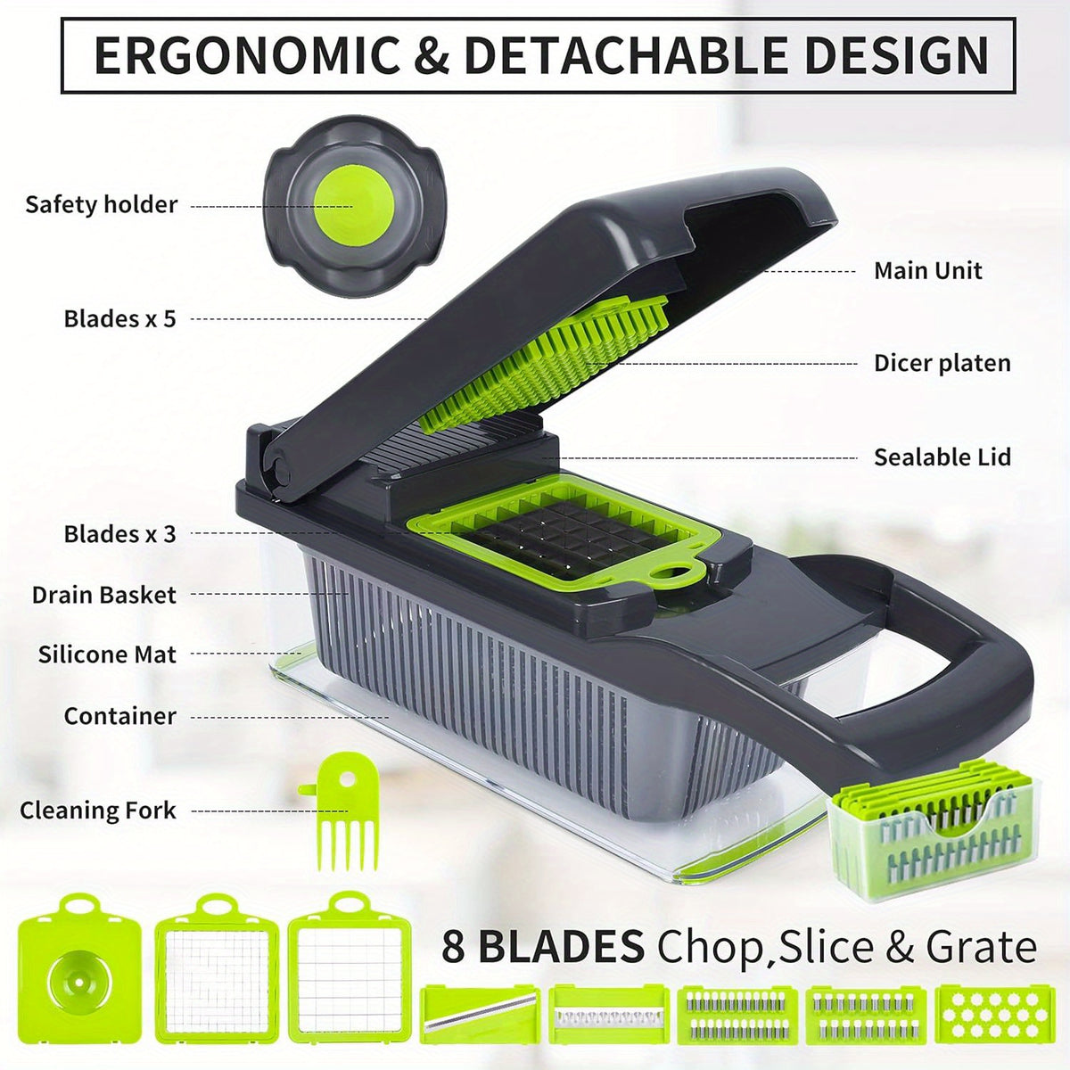 16-in-1 Manual Vegetable Chopper Set with 8 Blades, Container, Grater & Strainer – Professional Onion, Carrot & Garlic Slicer for Easy Cooking
