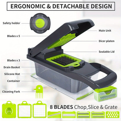 16-in-1 Manual Vegetable Chopper Set with 8 Blades, Container, Grater & Strainer – Professional Onion, Carrot & Garlic Slicer for Easy Cooking