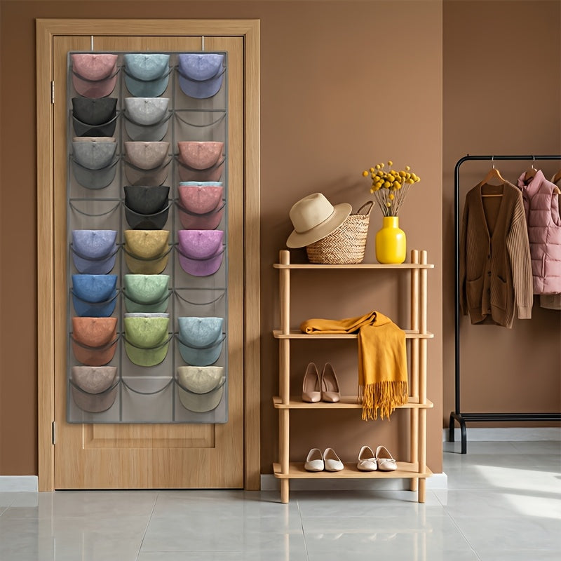 Over The Door Hat Organizer 24 Pocket Baseball Cap Rack with Clear Pockets and 3 Hooks Closet Hat Storage Holder for Hat Display and Protection