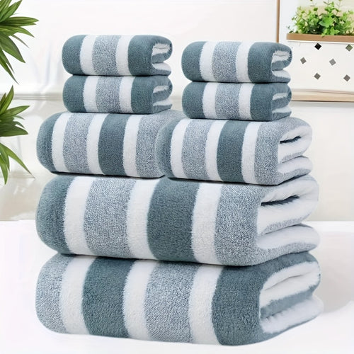 Bath Towel Set 8 Piece - Super Absorbent Soft Two-Color Striped Bathroom Towels, 2 Bath Towels 2 Face Towels 4 Hand Towels, No Hair Loss, Grey Red Blue Green